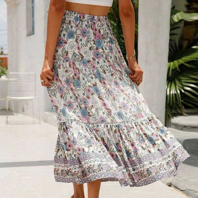 ▥ หรูหราวันหยุดใหม่ Boho Chic Beach กระโปรงผู้หญิงกระโปรงเรยอน Seaside Pattern