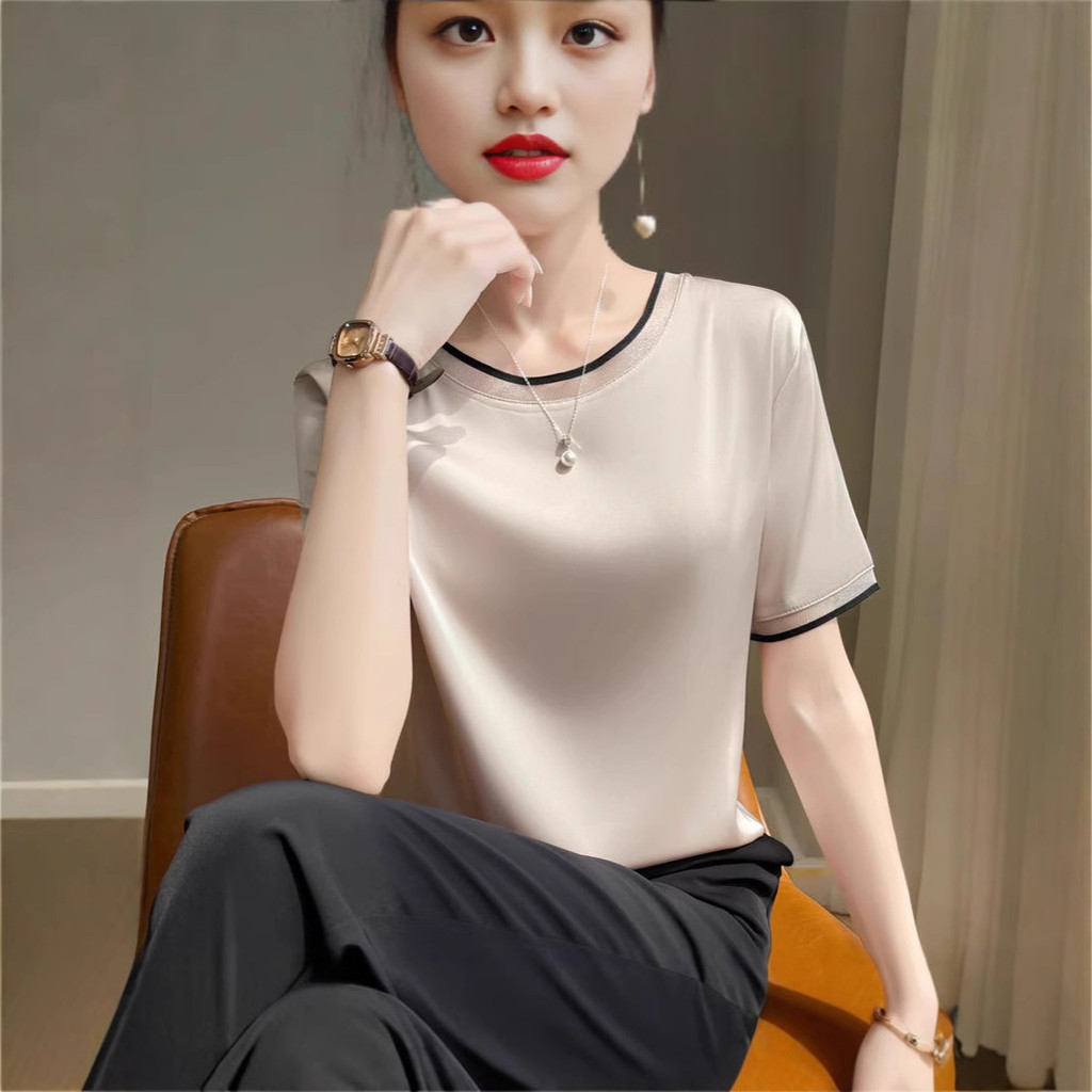 ♞ฤดูร้อนผู้หญิงสไตล์ใหม่หลวม ผอมลง ดูสง่าผ้าโปร่งเย็บแขนสั้นเสื้อยืดรอบคอด้านใหญ่ครึ่งแขน FTH