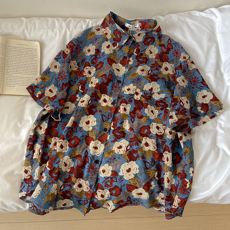 Solovely ผู้หญิง เก๋ หลวม ลายดอกไม้ เสื้อเชิ้ต เกาหลี สตรีทสไตล์ แขนสั้น เสื้อตัวบน - รูปที่ 4