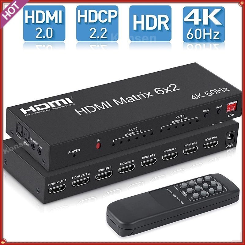 6x 2 HDMI Matrix Switches 4K 60Hz HDMI Matrix 6 In 2 Out HDMI Splitter Video Switch พร้อมรีโมทคอนโทร