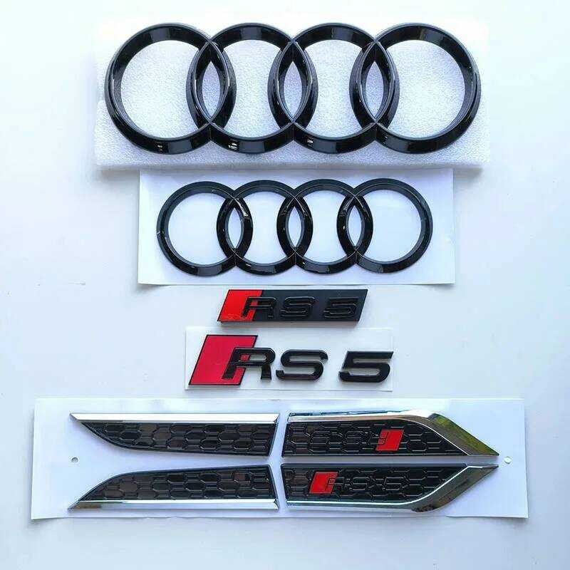 ▥ AUDI Rs5 4-แหวนโลโก้absสีดํารถhoodด้านหน้าย่างสัญลักษณ์ด้านหลังป้ายสติกเกอร์rs5 สติกเกอร์rs5