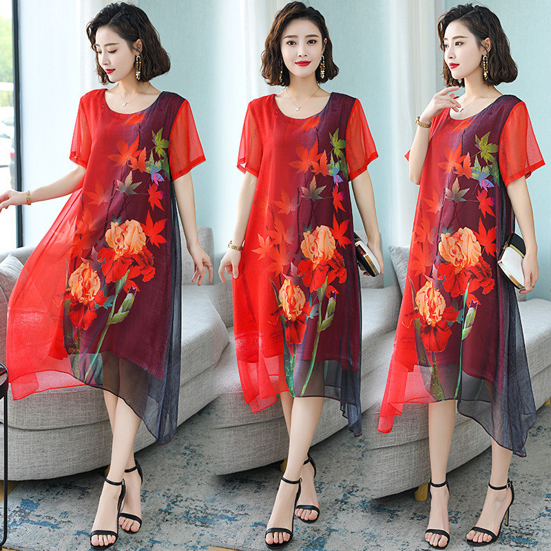 ♞,♘2022 ฤดูร้อน บวก ขนาดผู้หญิงดิจิตอลพิมพ์รอบคอคํานวณยาวกับแขนสั้นใจกว้างสบายนุ่มและหลวมชุด AGD