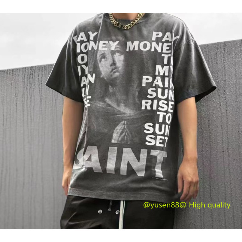♞**** Hot *** SAINT MICHAEL Co-Branded Pay money To my Pain 24SS Retro Washed Distressed Short Slee