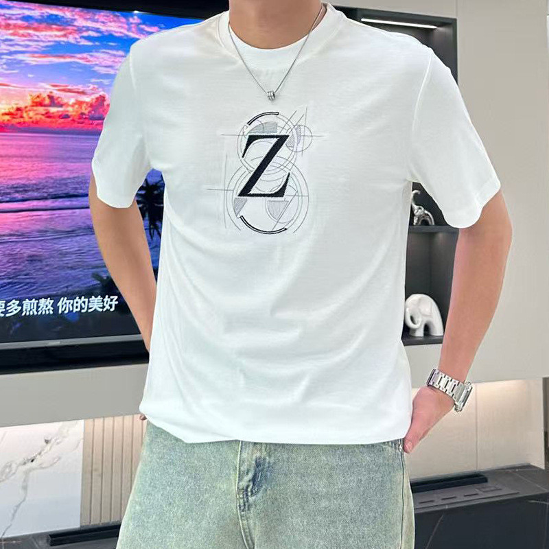 ♞,♘28VZ ZEGNA 2025Spring/Summer New Fashion Z Letter Embroidery Solid Color Crew Neck Short Sleeve