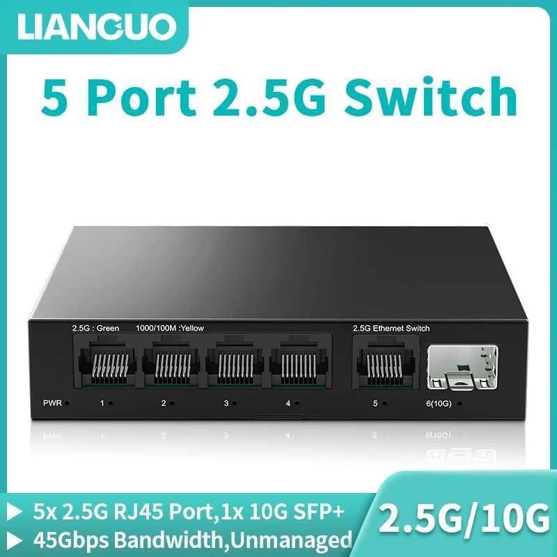 LIANGUO 5 พอร์ต 2.5GbE Ethernet Switch Unmanaged 2.5Gbps Network Switch 1 พอร์ต 10Gb SFP + Slot Home