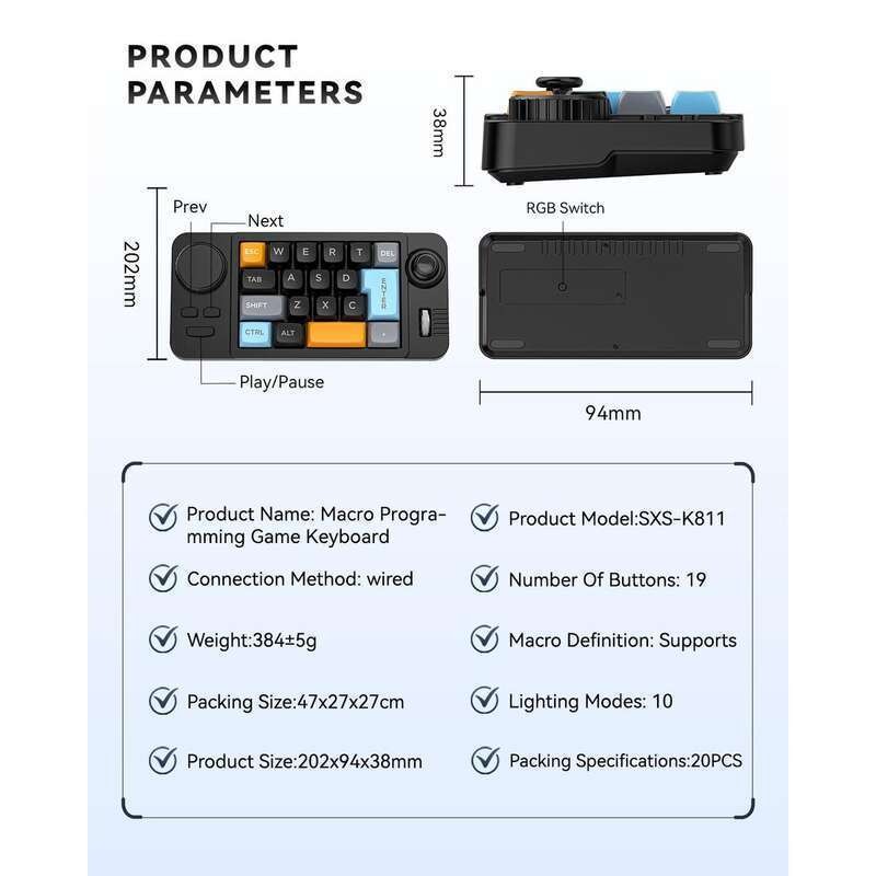 JOMAA คีย์บอร์ดแบบมีสายตั้งโปรแกรมได้พร้อมล้อเลื่อนระดับเสียง,จอยสติ๊กเกม 19 คีย์ปุ่มกดหมายเลขแบบถอดเปลี่ยนได้ - รูปที่ 6