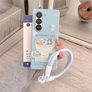 เคสโทรศัพท์แมวการ์ตูนสีฟ้าพร้อมเชือกกันหาย สําหรับ Samsung Galaxy Z Fold5/Fold6/Fold7