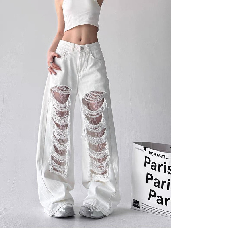 GS.ART Lace Stitching Ripped Denim กางเกงเอวสูงหลวมตรง