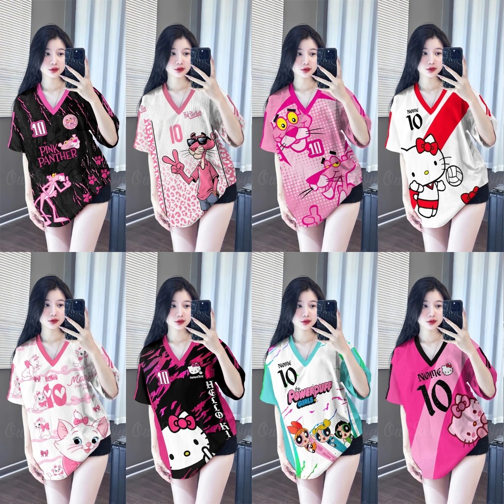 Korean-style women's T-shirt fashion short sleeve V-neck large size loose digital printing tops women sweet sports style t shirt