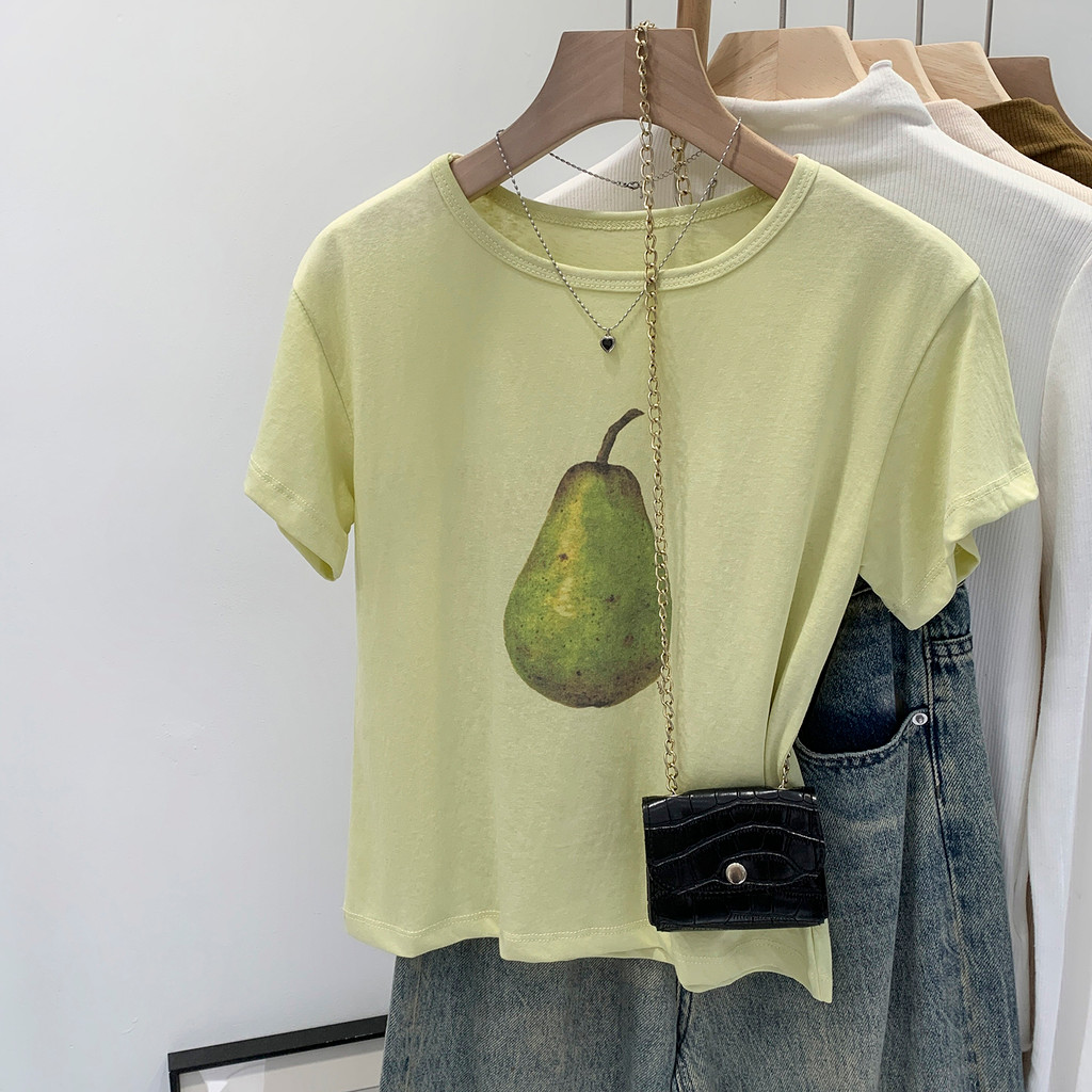 เสื้อยืดแขนสั้นคอกลม พิมพ์ลาย สีเขียว 89574