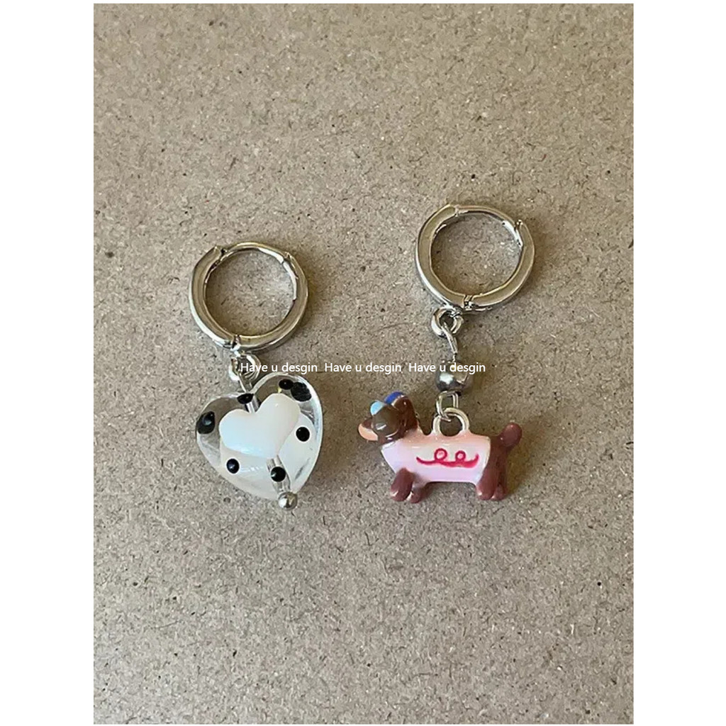 มี u design ไม่สมมาตร Polka Dot Love Dachshund หูสุนัขหัวเข็มขัดหญิงออกแบบน่ารักสนุกหวานประณีต All-Match อินเทรนด์ต่างหู