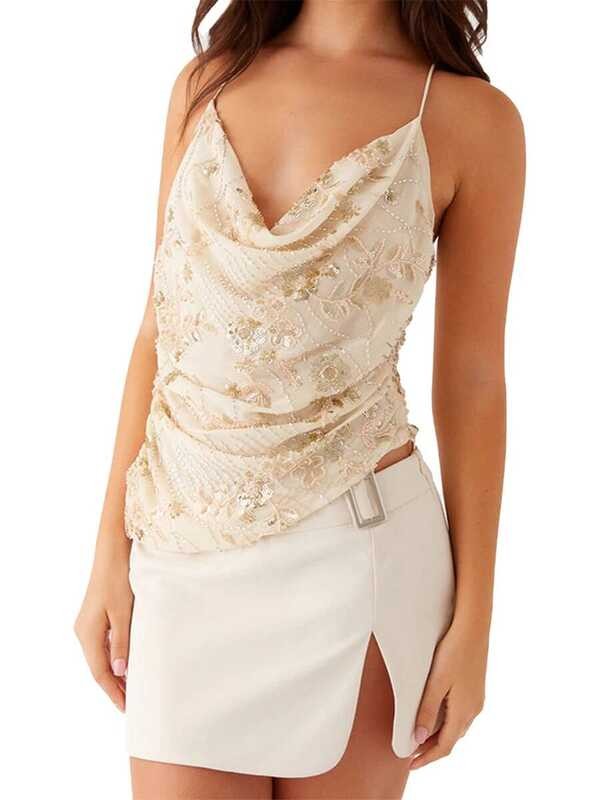 ▥ ผู้หญิงy2kเลื่อมcami Pearl Rhinestone Tank Sparkle Glitter Backless Crop Top Going Out Clubwe