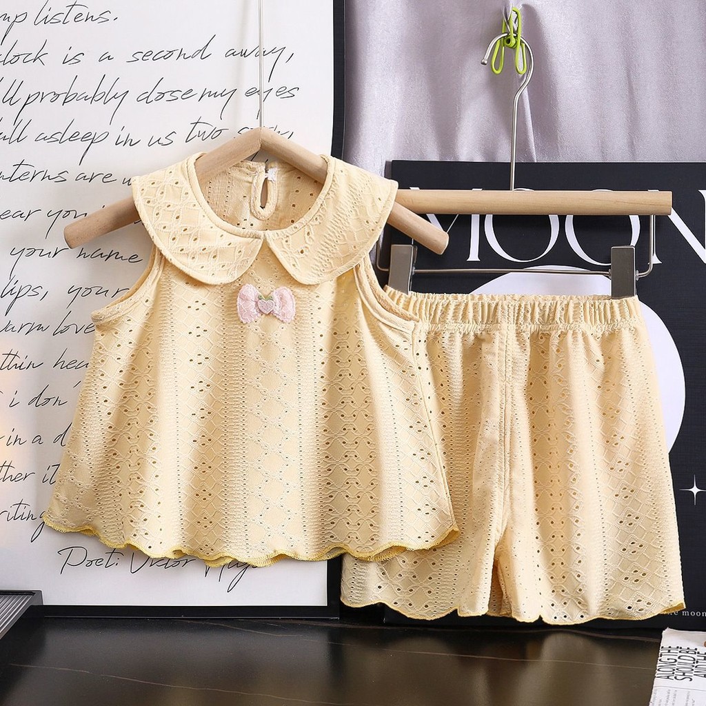 [ชุดสูทเด็กผู้หญิง] ฤดูร้อนเสื้อกั๊กสไตล์ตะวันตกบางคอตุ๊กตาสไตล์ใหม่ชุดสองชิ้นกลวง