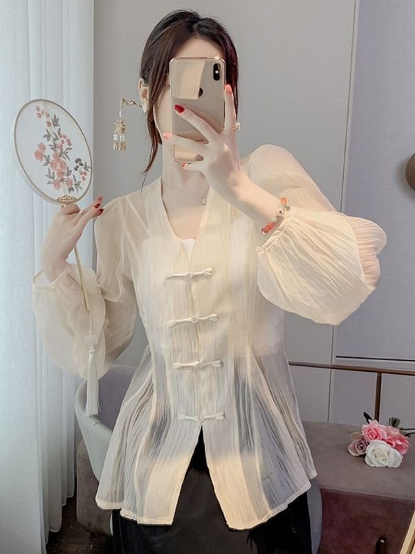 ใหม่สไตล์จีนย้อนยุคหัวเข็มขัดคอวีครีมกันแดดรับลมเสื้อผ้าผู้หญิงฤดูร้อนบางออกแบบ ซอก กลางความยาวด้านบน