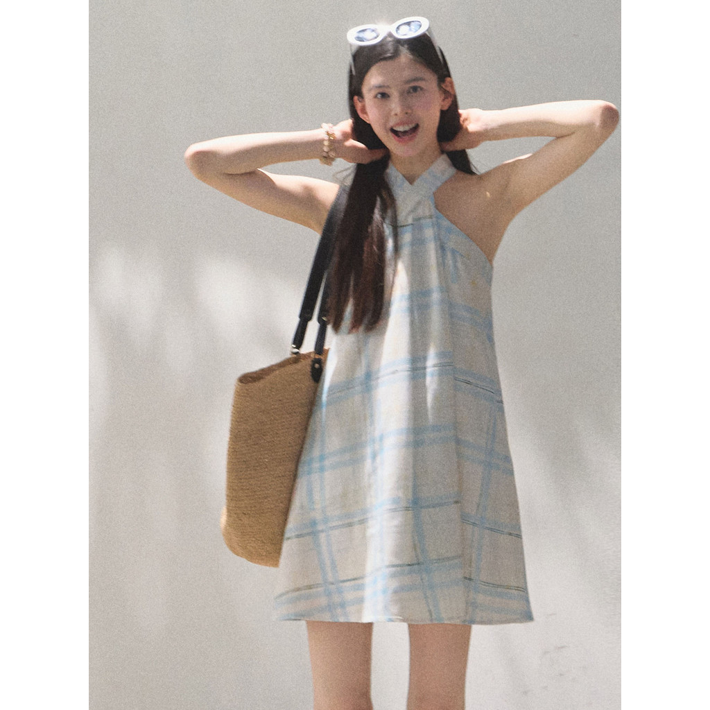 Shanmieleng Tencel ผ้าฝ้ายลินิน Skin-Friendly Check Halter Dress ผู้หญิง