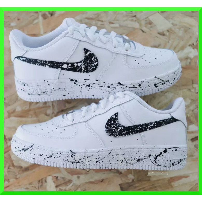 ♞Custom Air Force 1 Black White Splatter Waves/Air Force 1 Custom Shoes NEW INBOX AGD