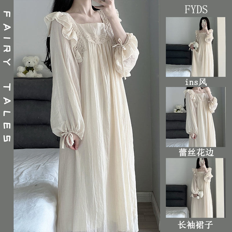 ชุดนอน ผู้หญิง ชุดนอนเดรสลูกไม้แขนยาวสไตล์เกาหลีเจ้าหญิงคุณหนูสีขาวผ้านิ่มใส่สบาย ไซส์ใหญ่ women's