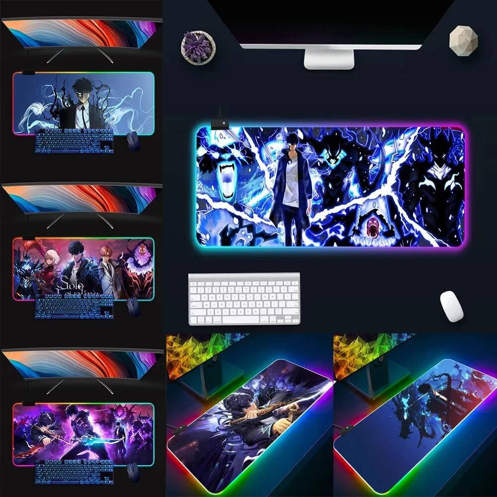 การ์ตูนสุดฮอต Solo Levelings อะนิเมะ RGB Pc Gamer คีย์บอร์ดแผ่นรองเมาส์ Mousepad LED เรืองแสงแผ่นรองเม้าส์ยางคอมพิวเตอร์สําหรับเล่นเกม Mausepad ราคา ถูกที่สุด ดีลบีเคเค