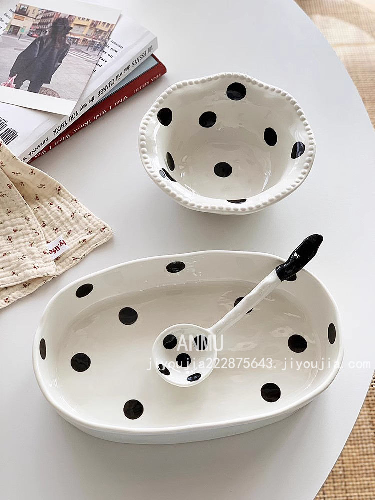 Polka Dot ชามสลัดเซรามิกพื้นผิวมือหยิกจานปลาชามทรงรี