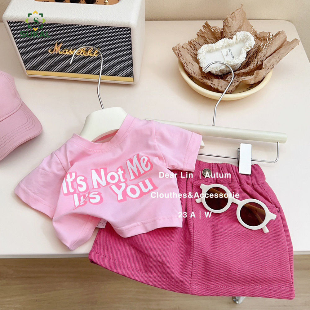 ชุดเสื้อครอป+กระโปรงสีแดงกุหลาบ สําหรับเด็กผู้หญิง 1-8 ปี