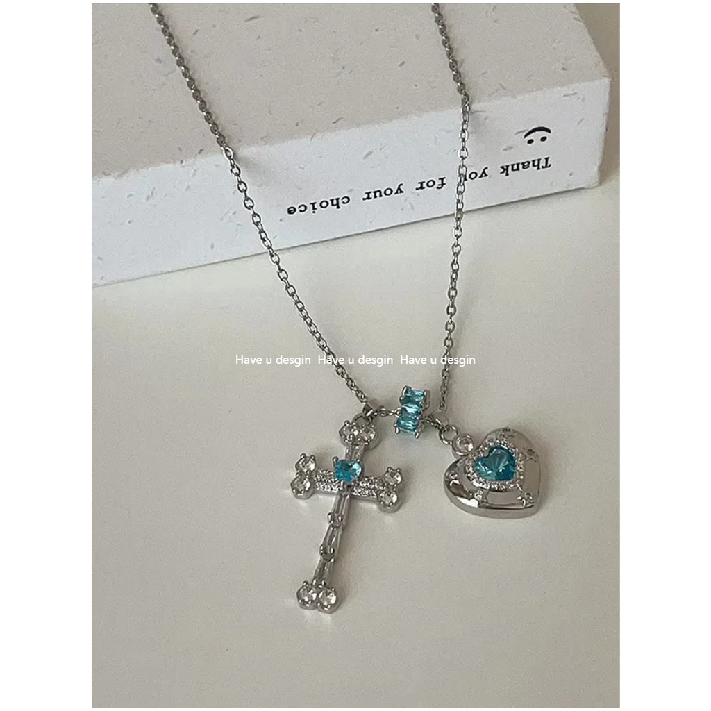 มี u desgin French High-End Ice Blue Heart Cross จี้สร้อยคอหญิงหวานเย็นสาวร้อนแฟชั่นสร้อยคอ Clavicle Chain