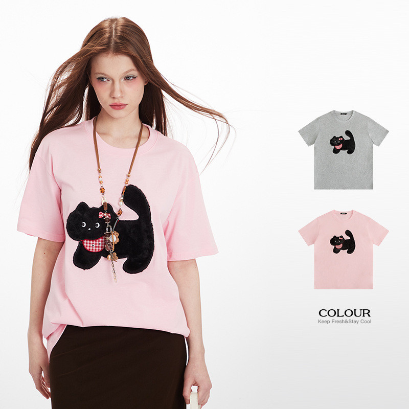 ♞,♘,♙ ผู้ชายกระต่ายขนสัตว์แพทช์ปักแมวหลวมรอบคอแขนสั้นเสื้อยืดหญิงสนุกคู่ด้านบน WHF