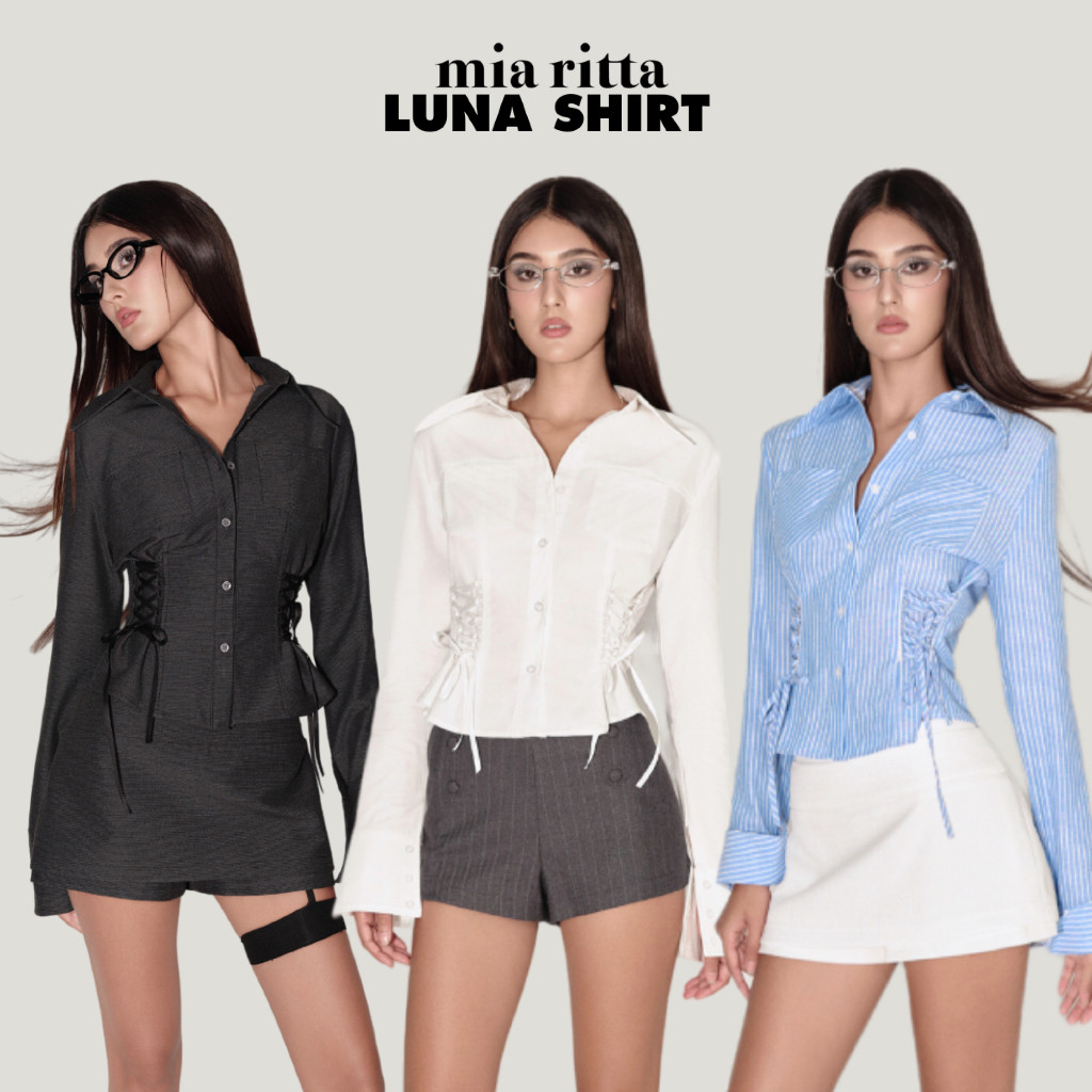 ♞Luna Shirt Mia Ritta A2214 - เสื้อเชิ้ตแขนยาวทรงสลิมพร้อมขอบเอวถัก GHN