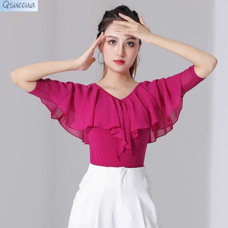 LY 2023 NEW Adult Women International Ballroom Costume Modern Latin Dance Top Lady Sexy V-Neck Mesh