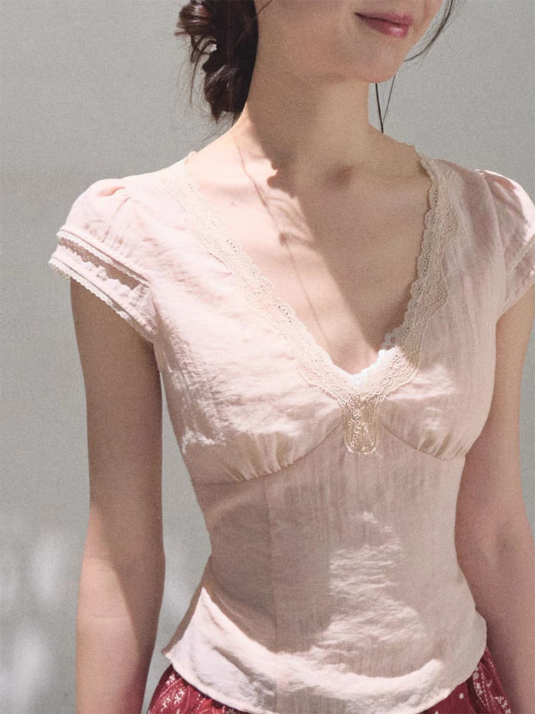 French Pure Desire ลูกไม้ V คอผ้าฝ้ายลินิน เสื้อไซต์เล็กสำหรับผู้หญิง ดีไซน์ฤดูร้อน พันแหววน้ำหนักเบา แขนสั้น T-shirt @