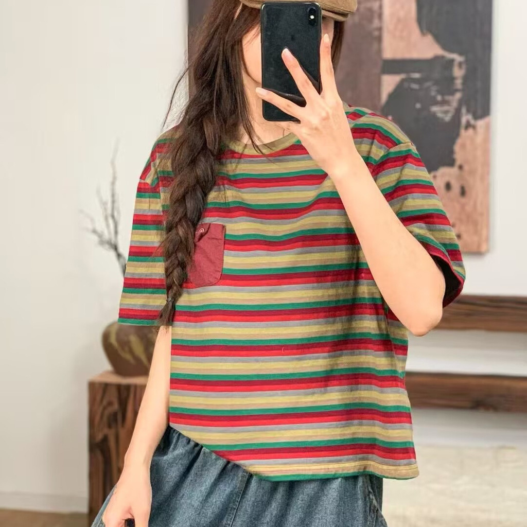 ♞ใหม่ย้อนยุคเสื้อสวมหัวแขนสั้นหลวมรอบคอลายเสื้อยืดผู้หญิง FTH