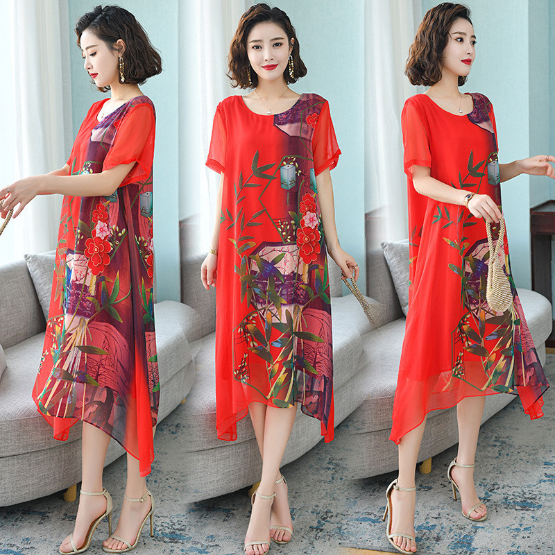 ♞,♘,♙2021ฤดูร้อนขนาดใหญ่ผู้หญิงหลวมเอวรอบคอสไตล์ชาติพันธุ์กระโปรงยาวแขนสั้นพิมพ์ดิจิตอลชุด AGD