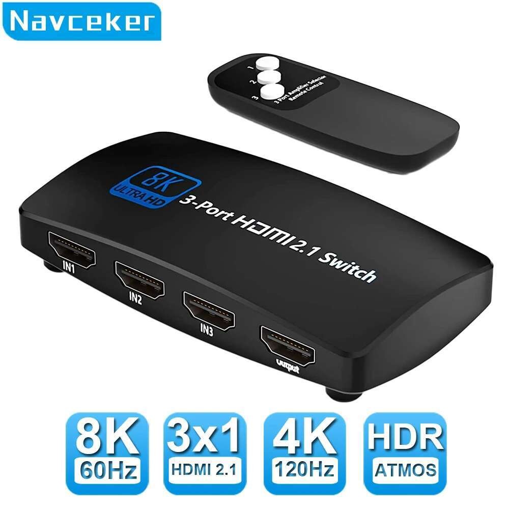 Navceker Switcher HDMI 2.1-เข้ากันได้กับ 4K 120Hz 4 in 3 in 1 out 8K 60Hz Switch Splitter adapter IR
