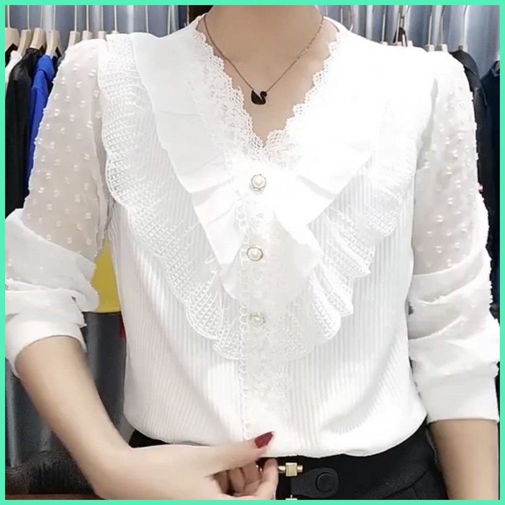 เสื้อเชิ้ตผู้หญิงคอวีลูกไม้แขนยาว ผ้าเชียนบางเบา กระชับสัดส่วนแฟชั่นใหม่2025