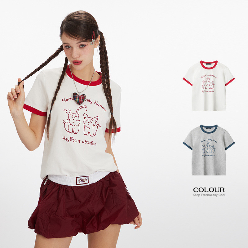 ♞ แห่กัน พิมพ์คมชัดสีรอบคอแขนสั้นผู้หญิงฤดูใบไม้ผลิฤดูร้อนสบายๆที่เรียบง่ายเสื้อยืดใหม่ด้านบน WHF