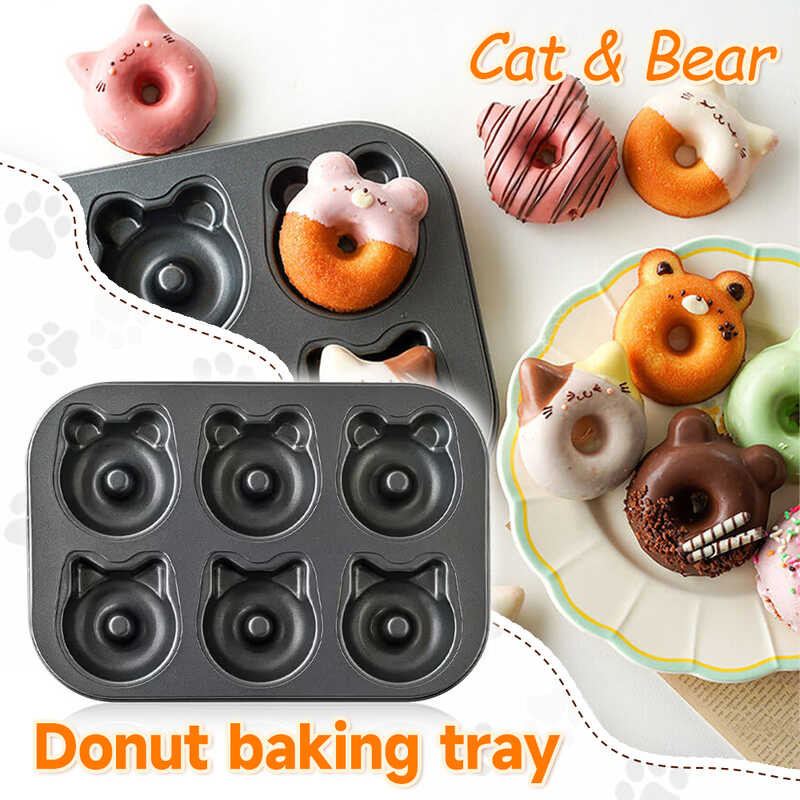 LY 1Pc 6-Cavity Donut Cartoon Cat & Bear Baking Tool Chocolate Cake Baking Tray Non-Stick Cake P Mi