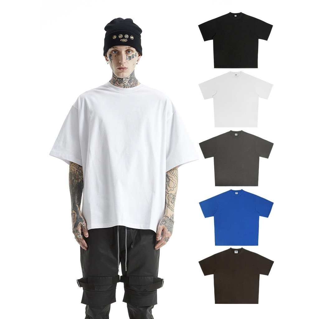♞,♘,♙PMW เสื้อยืดสีขาวผ้าฝ้ายแท้สีดำบริสุทธิ์ แขนสั้นหลวมสำหรับผู้ชาย ฤดูร้อน คอเล็ก สไตล์ไฮสตรีท ส
