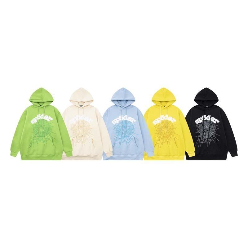 Sp5der 555 คนดังสไตล์เดียวกัน Spider Web Plus กํามะหยี่พิมพ์ตัวอักษร Casual Hooded Sweatshirt คู่ฤดู