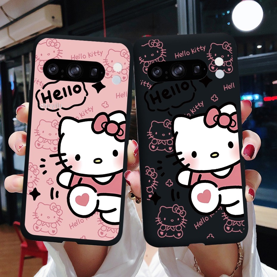 สําหรับ Google PIVEL 8 Pro GC3VE G1MNW สีดําเคสโทรศัพท์แบบนุ่ม Hello Kitty สีขาว