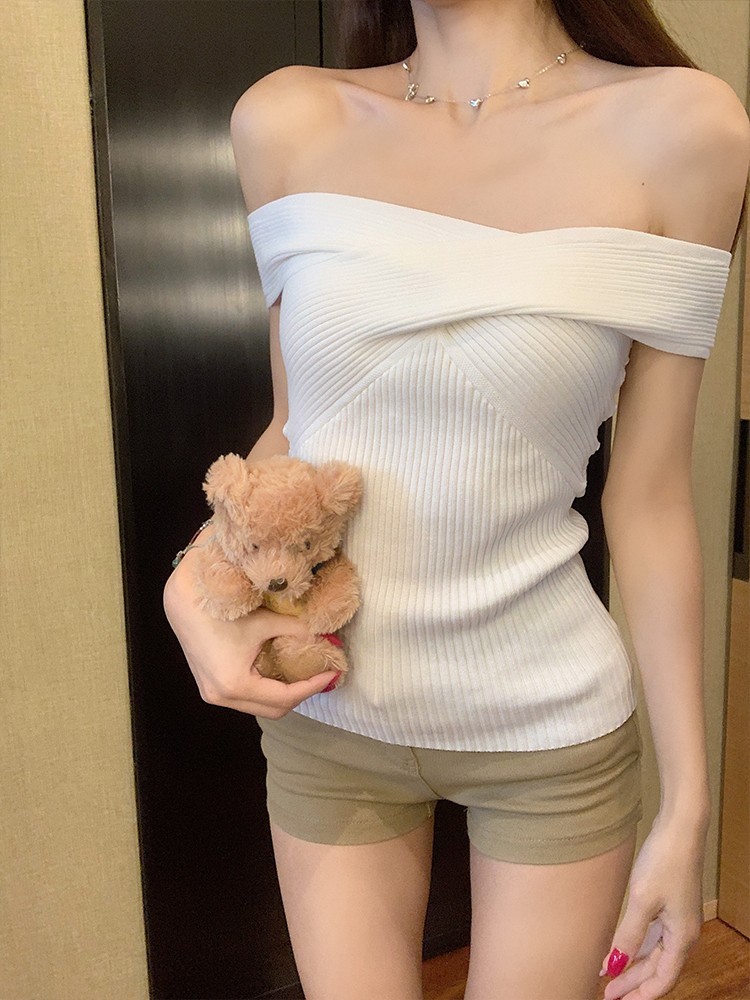 เสื้อยืดแขนสั้น ถักสกินนี่ คอกว้าง สไตล์เรียบหรู