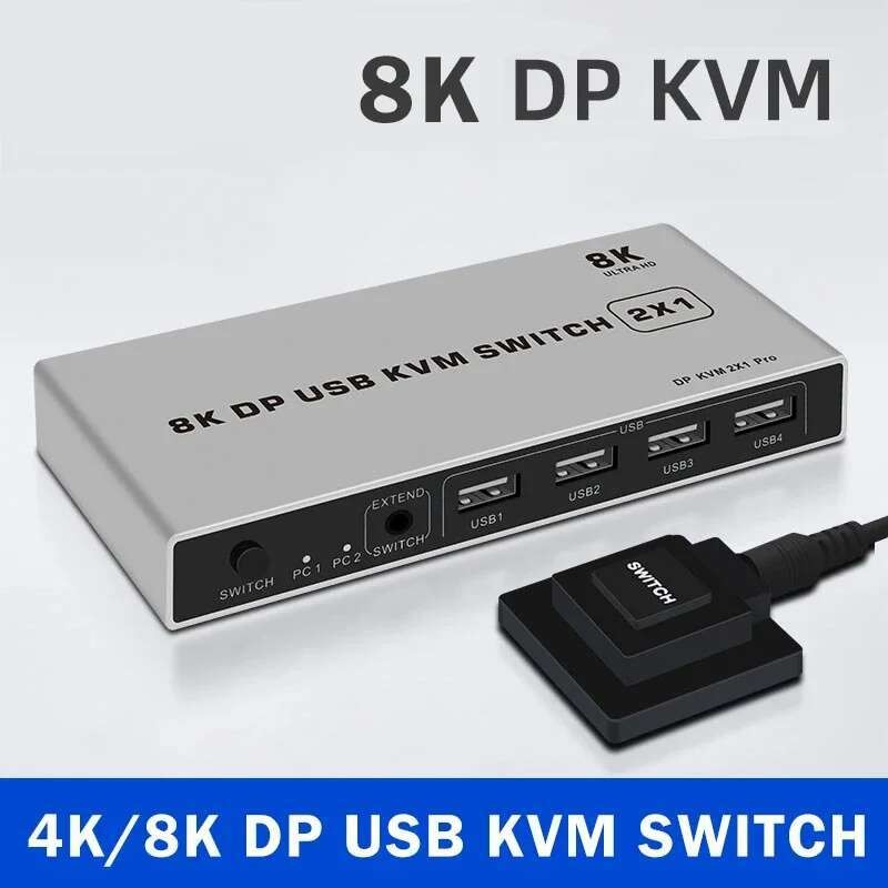 8K Dual-Port DP USB KVM 2x1 Displayport KVM Switch 2 in 1 out 4K 60Hz 2-Port DP 1.4 USB KVM Switch ร
