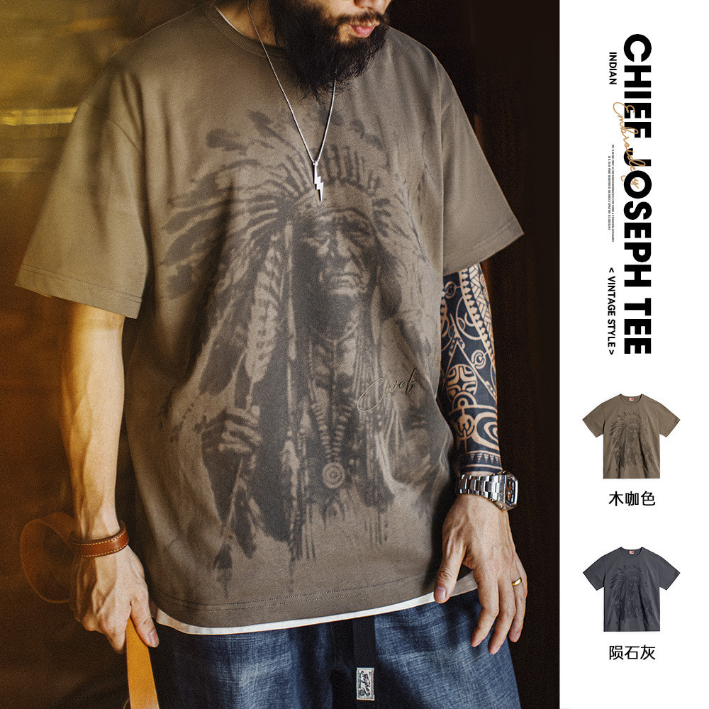 Maden American Retro Full Printed T-Shirt Pure Cotton Heavy Brown Indian vintage Short Sleeve Men Summer