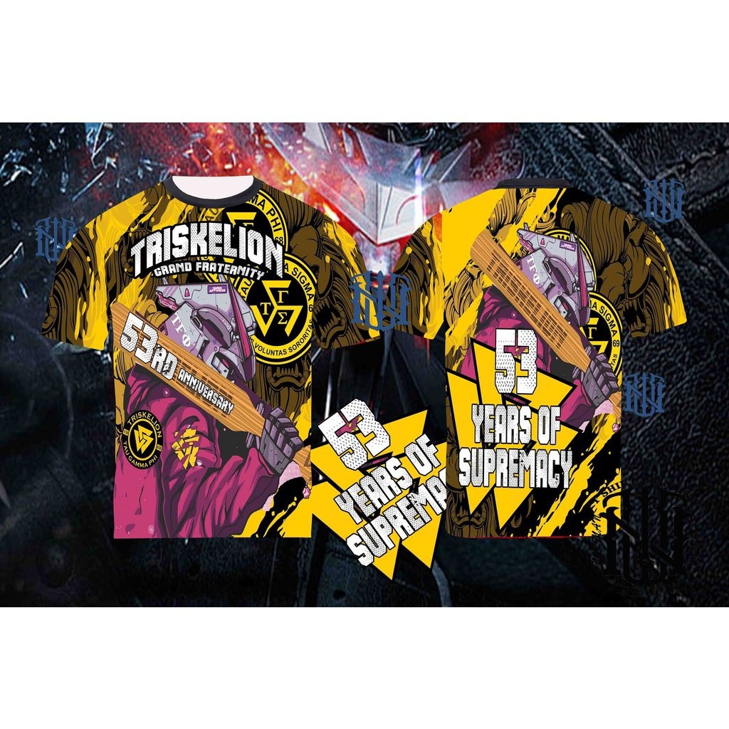 Triskelion Frat เสื้อผ้าฝ้ายสีม่วงสีเหลือง Doodle Design 53 YEARS SUPREMACY PHI SIGMA FULL SUBLIMATI