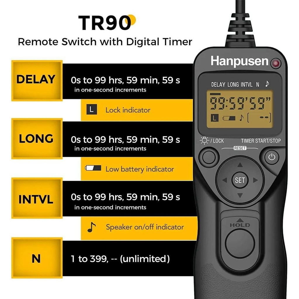 Hanpusen TR90 เวลากล้อง Lapse Intervalometer LCD Timer Remote สําหรับเลือกกล้อง Canon Nikon Sony Fujifilm Olympus Pentax