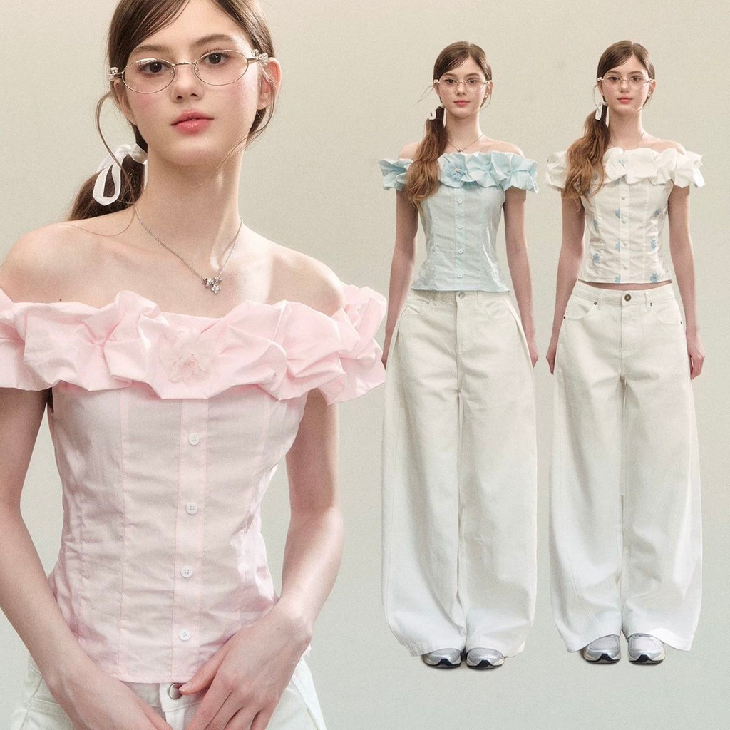 เสื้อปาดไหล่ฝรั่งเศส 25 ฤดูร้อนสไตล์ใหม่ออกแบบเอวแคบสไตล์สั้น Classy Off-the-