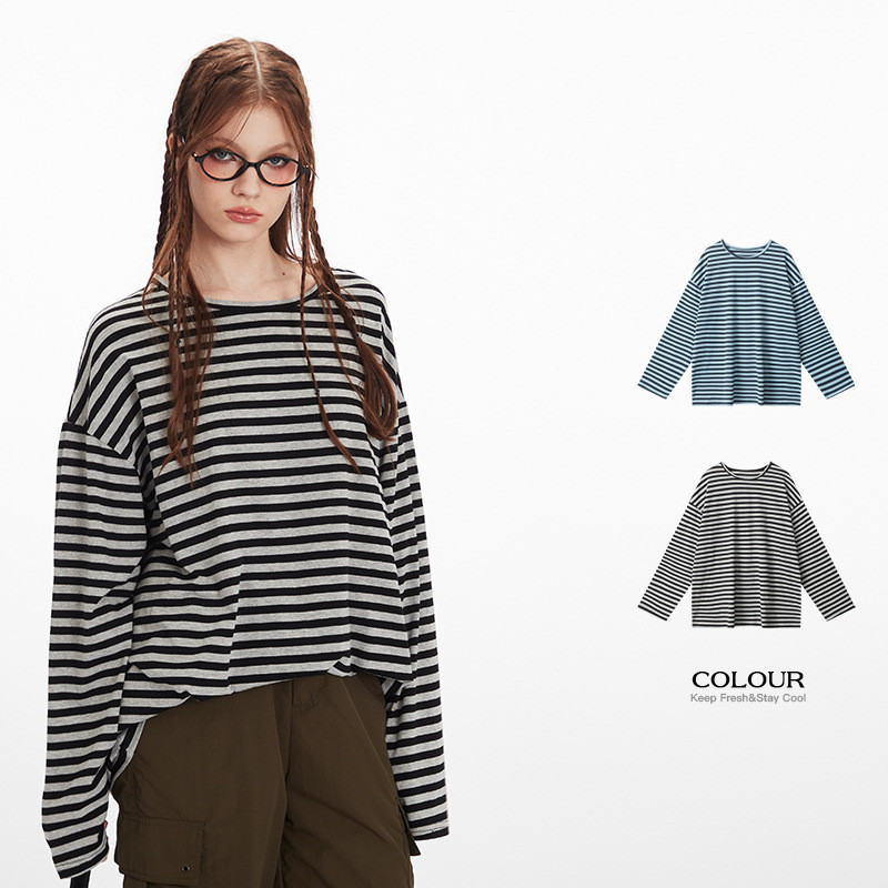 ♞,♘,♙ 2025 ญี่ปุ่นสบายๆลายหลวมคู่เสื้อยืดแขนยาวผู้ชายสดรอบคอขี้เกียจ สูงสุด FTH