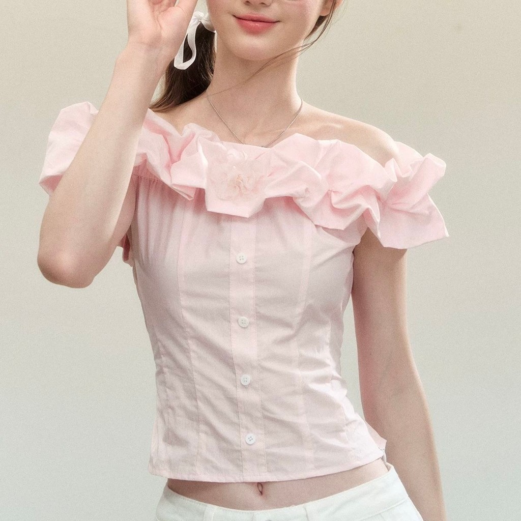 เสื้อปาดไหล่ฝรั่งเศส 25 ฤดูร้อนสไตล์ใหม่ออกแบบเอวแคบสไตล์สั้น Classy Off-the- - รูปที่ 6