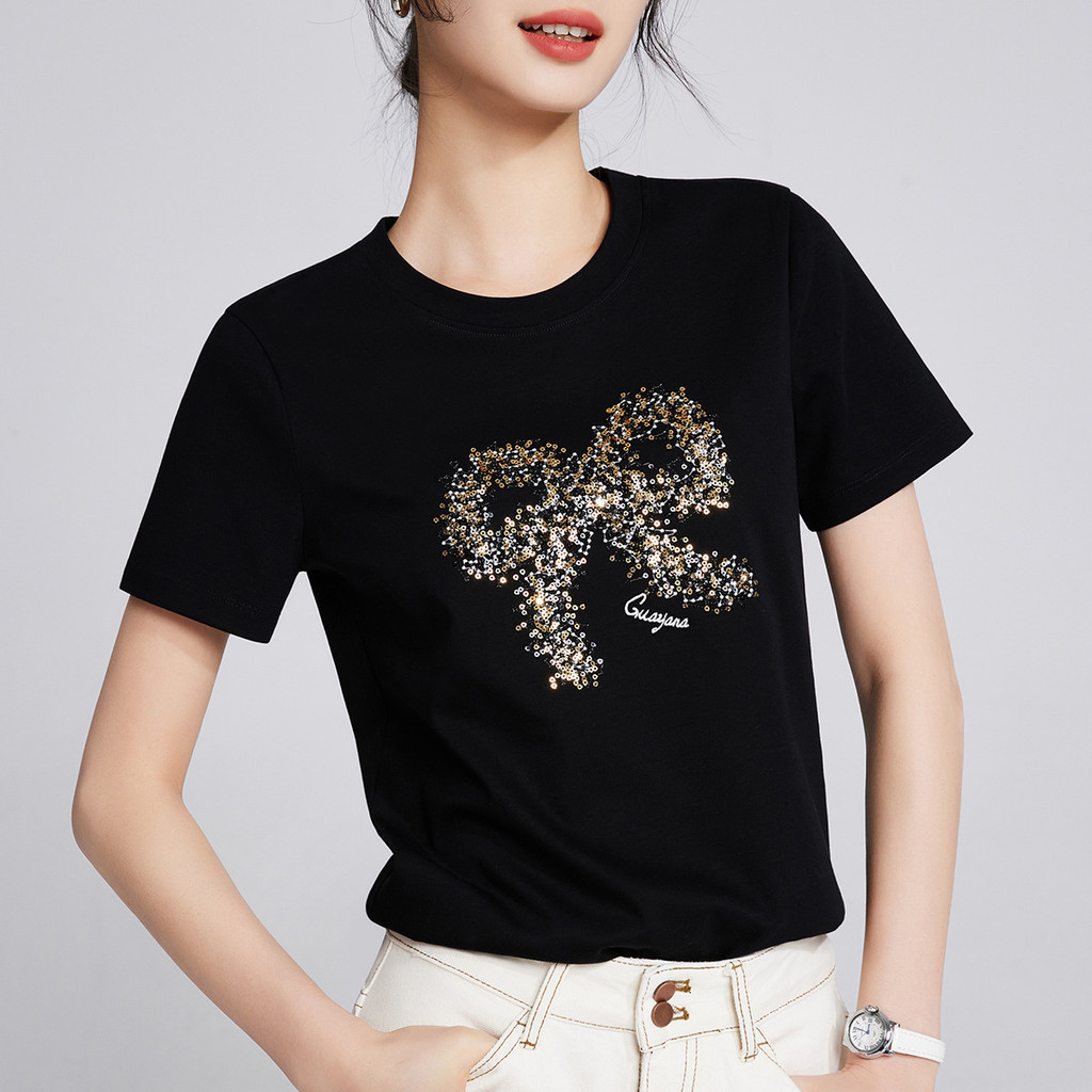 ♞,♘,♙2025 ฤดูร้อนสไตล์ใหม่สีดำเสื้อยืดผู้หญิงแฟชั่นปักโบว์สวยงามรอบคอแขนสั้น ชุบ ผ้าฝ้าย WHF