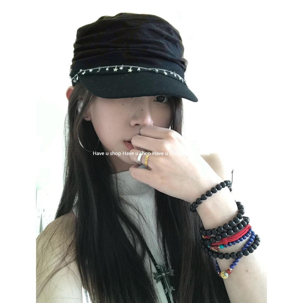 Have u shop Ancient Early Hot Girl Niche Design หมวกขี่ม้า Yoji Yamamoto สไตล์ Dark Lazy จีบ Beret ห