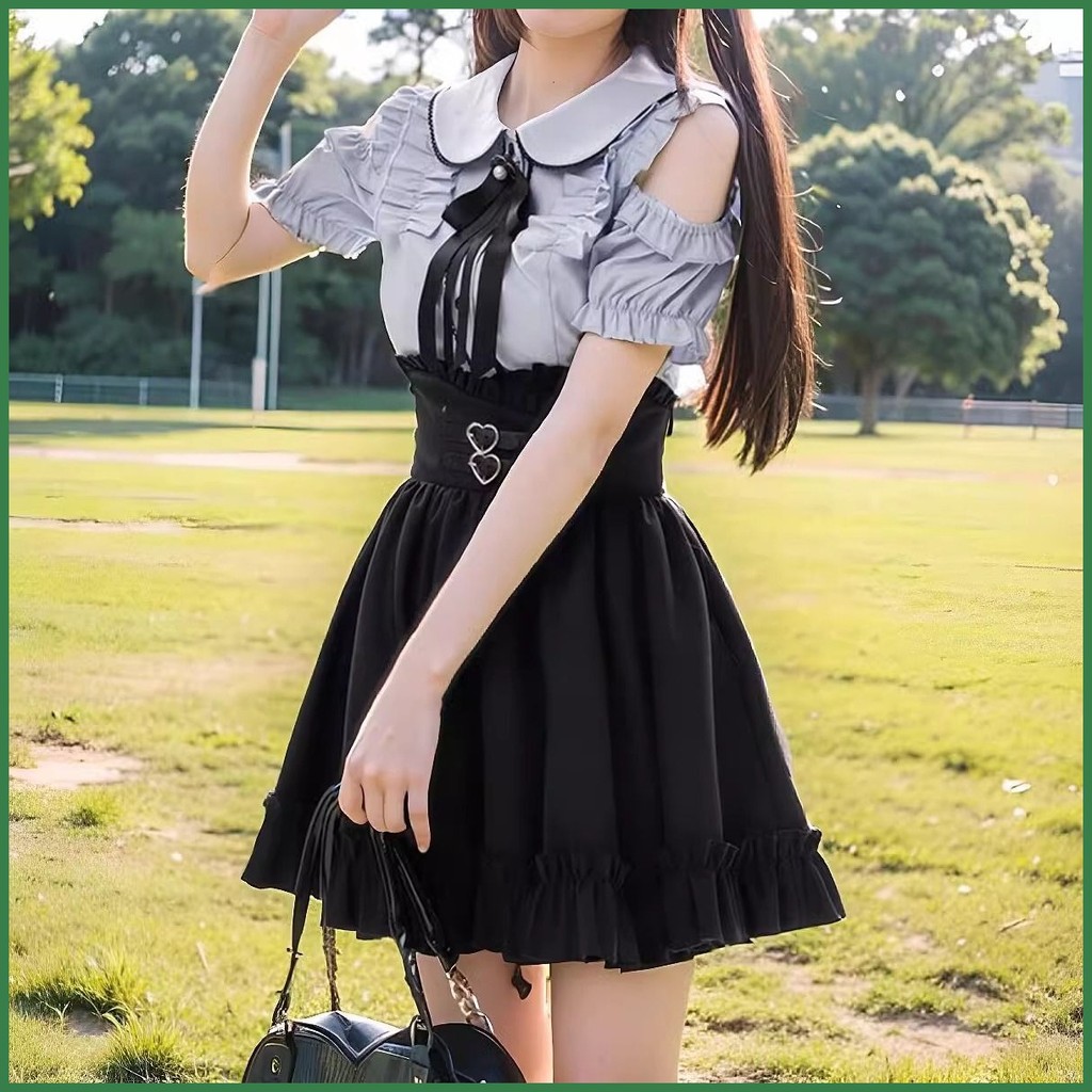 ชุดเซ็ตคนตัวเล็ก สไตล์เกาหลี เสื้อเปิดไหล่คอโบว์แขนสั้น+กระโปรงเอวสูง น่ารักหวาน