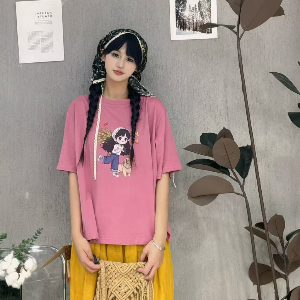 ♞สินค้าใหม่ ลำลองเกาหลี การ์ตูนพิมพ์ เสื้อยืดผู้หญิง แฟชั่น รอบคอแขนสั้น FTH